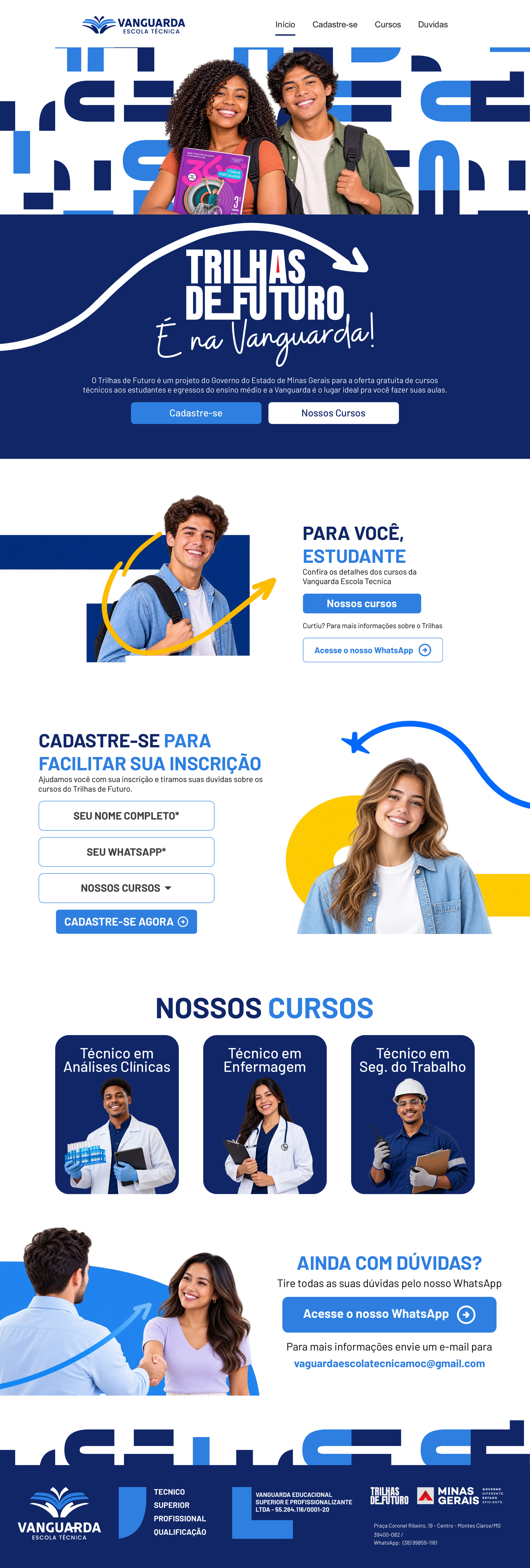 Arte integral da página Vanguarda Escola Técnica no Trilhas de Futuro, conforme o PDF aprovado. Inclui apresentação do programa, estudantes, cursos, cadastro e contatos.
